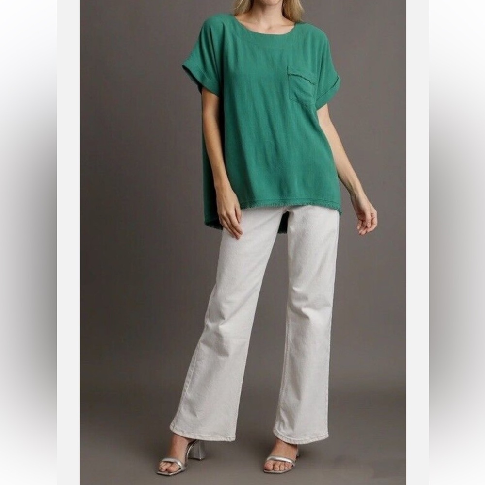 Umgee Teal Linen Rayon‎ Short Sleeve Folded Low High Hem Tunic Top